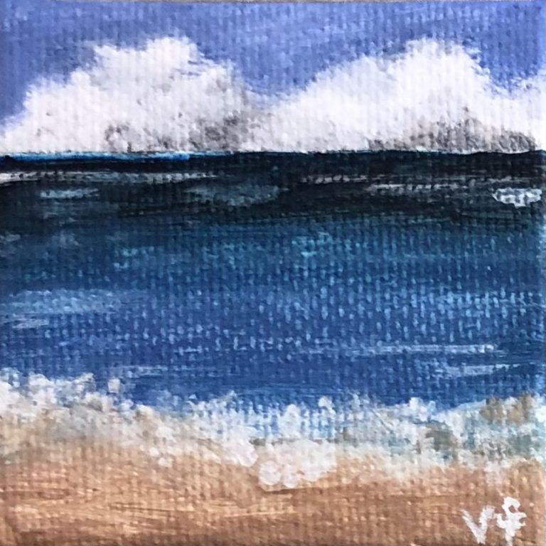 Painting of a cloudy sky with ocean waves hitting the beach shores at the forefront
