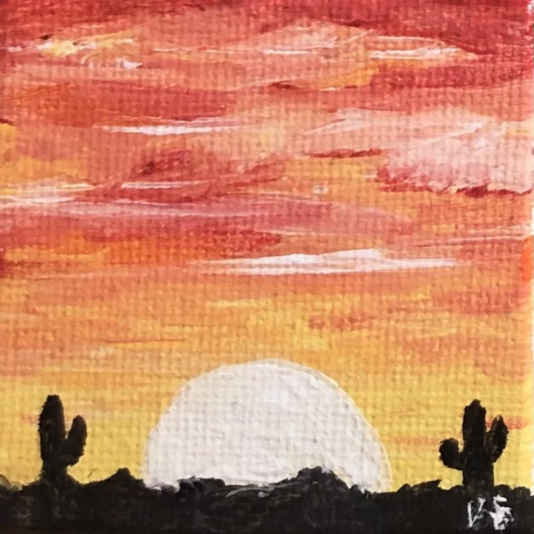 Painting of two cactus silhouettes with a sun setting in between