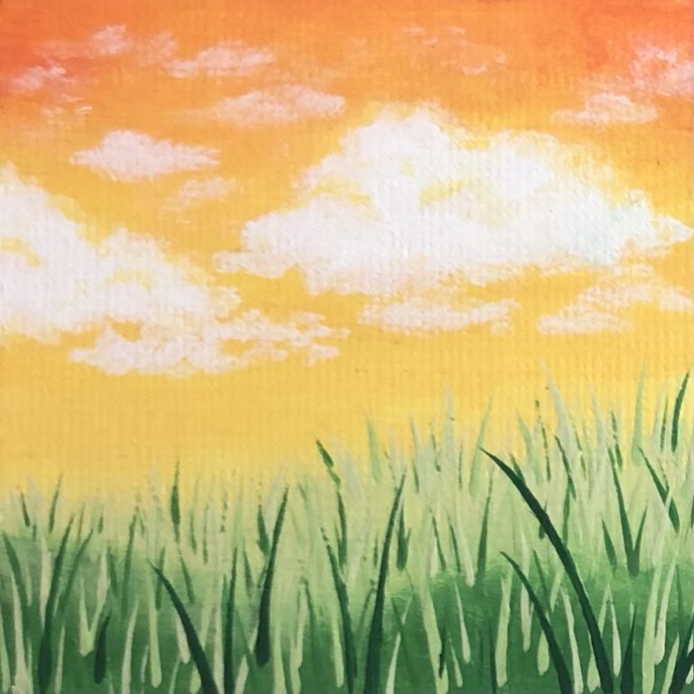 Painting of a cloudy gradient sky over a grass field