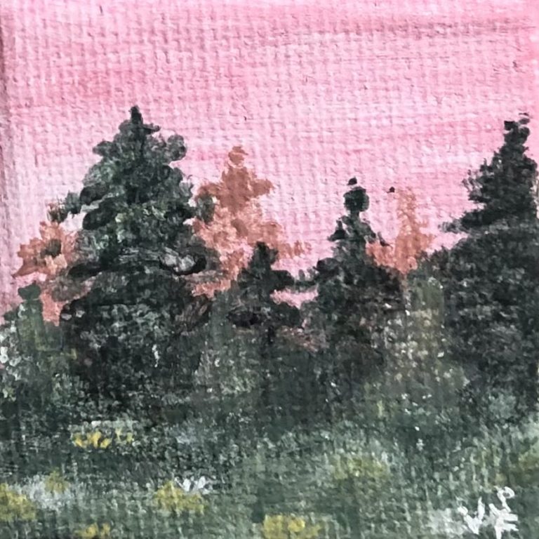 Painting of a pine tree forest with a pink sky