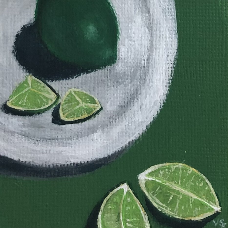 Painting of a lime and limes slices on a plate next to more slices on a solid green background